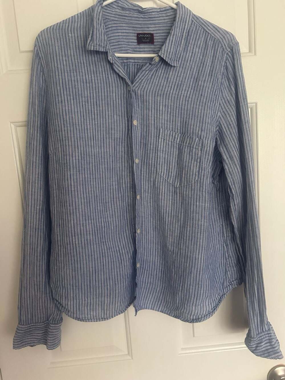 UNTUCKit Women's Blue & White Striped 100% Linen Button Down Shirt Size M